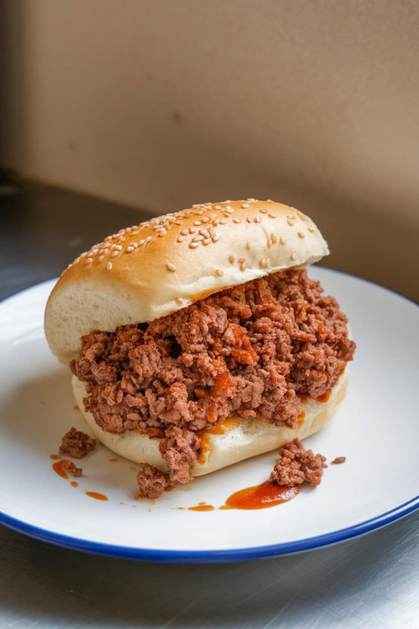 Indoor photo of a sesame bun loaded with saucy ground beef, a few drops slipping onto the plate. No text or logos in sight.