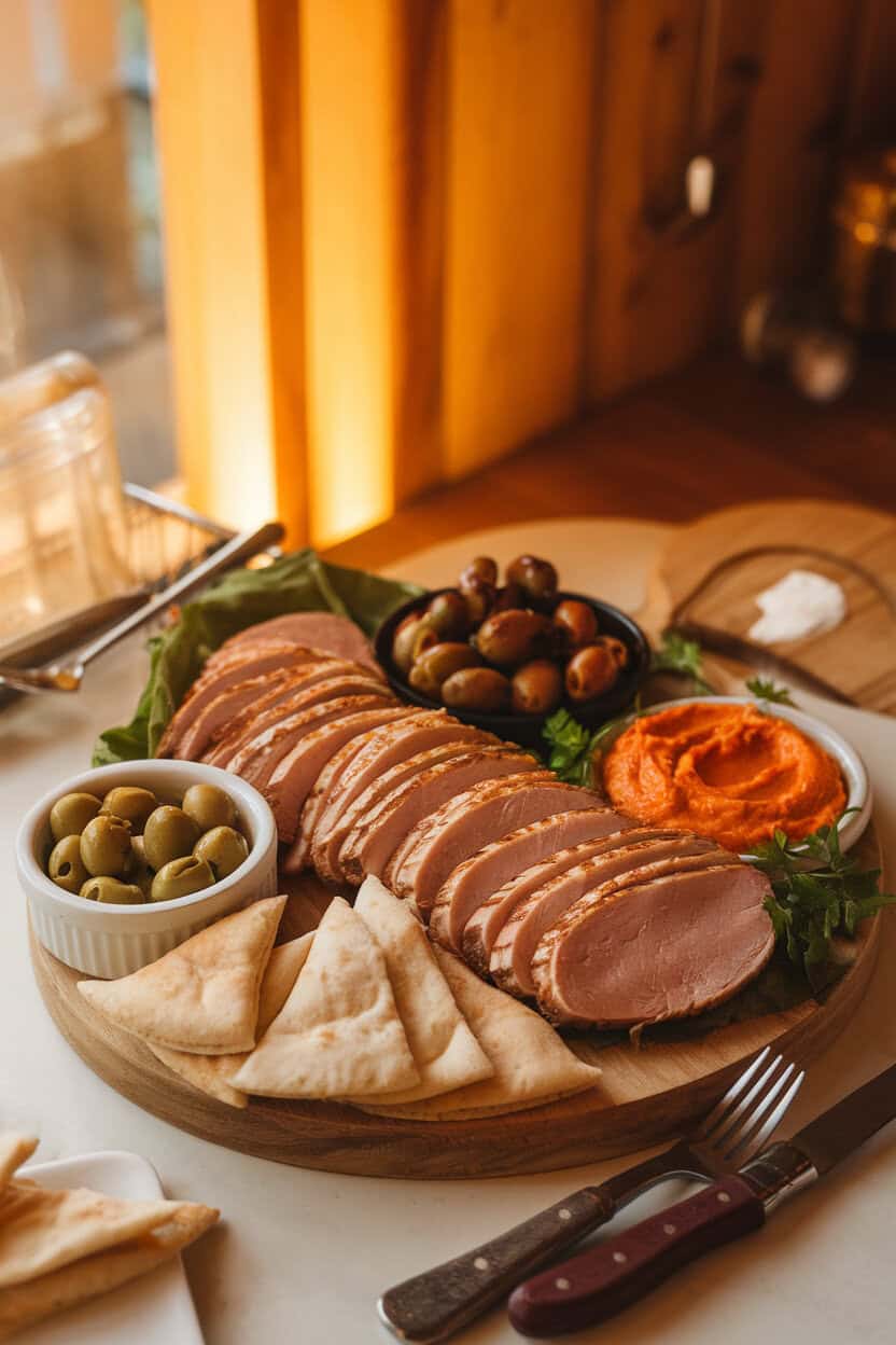 Warm indoor setting showing a board with sliced turkey shawarma-style, marinated olives, roasted red pepper hummus, and pita wedges. No text or logos.