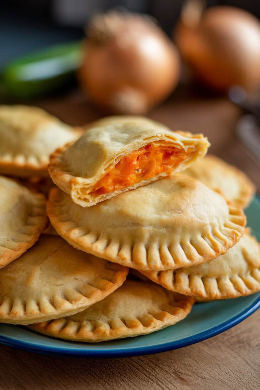 An indoor plate stacked with hand-held empanadas, their crimped edges golden and flaky, one cut open to reveal orange butternut filling. No text or logos. Photo only.