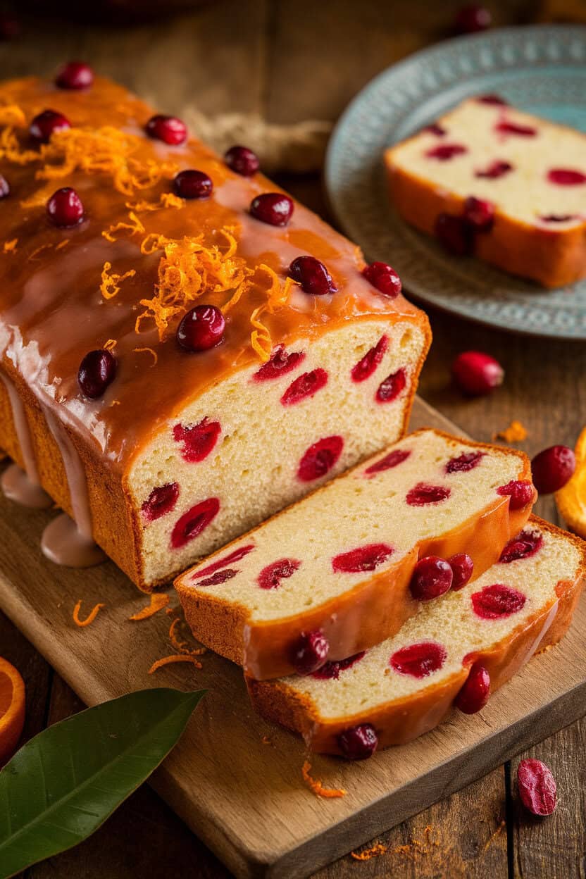 Indoor holiday scene with a glazed loaf dotted by cranberries and orange zest, slice on a plate, no logos or text.