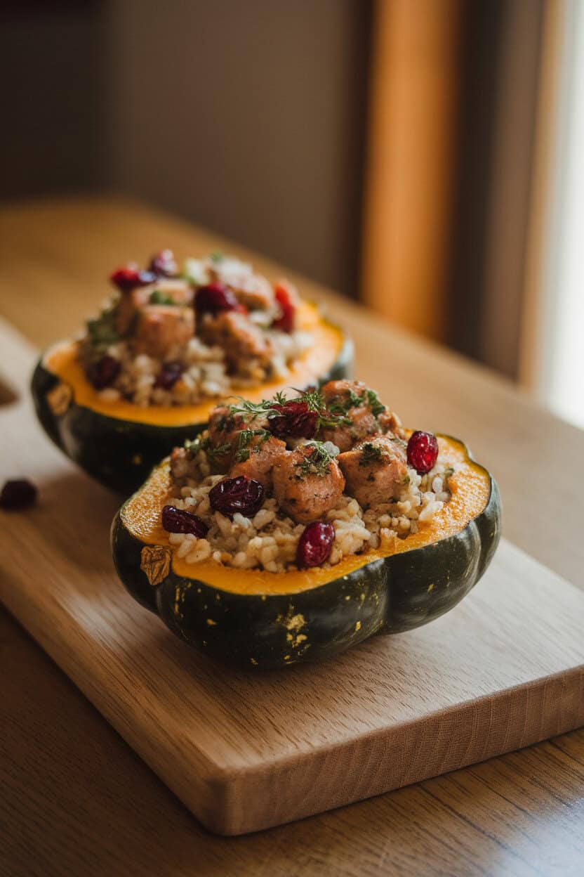 Halved acorn squash filled with herbed sausage, rice, and cranberries, plated on an indoor dining table. Warm lighting, no text or logos; photo, not illustration.