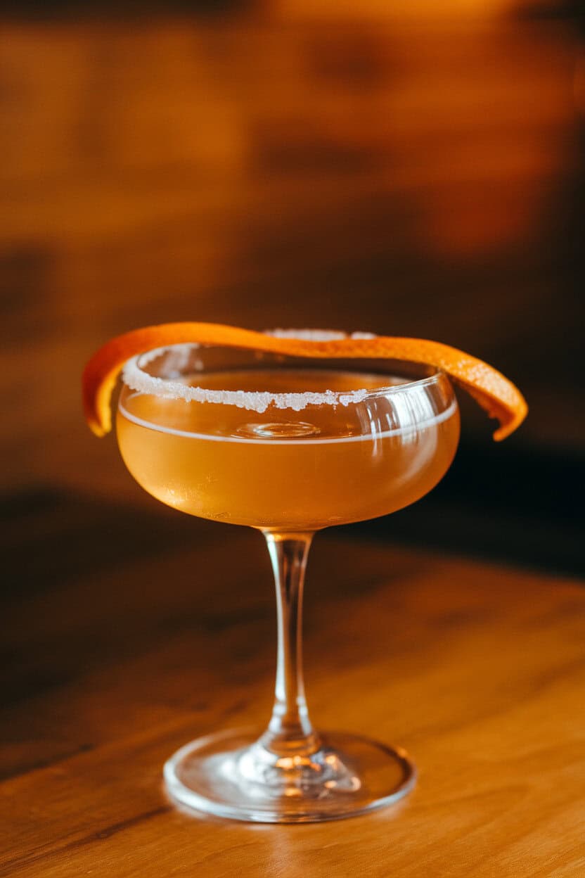 Photo of a sugar-rimmed coupe housing a golden Sidecar, an orange twist balanced on the edge. Indoor lighting, no branding.