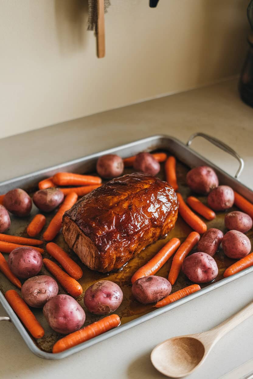 Sheet pan on an indoor countertop filled with glazed pork loin, baby carrots, and red potatoes, all glistening in honey-garlic sauce; no logos or text.
