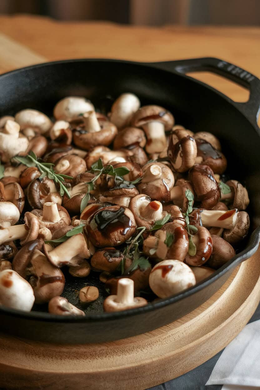 A cast-iron skillet indoors filled with sautéed mixed mushrooms glazed with balsamic reduction, herbs sprinkled over. Warm overhead light; no text or logos. Photo only.