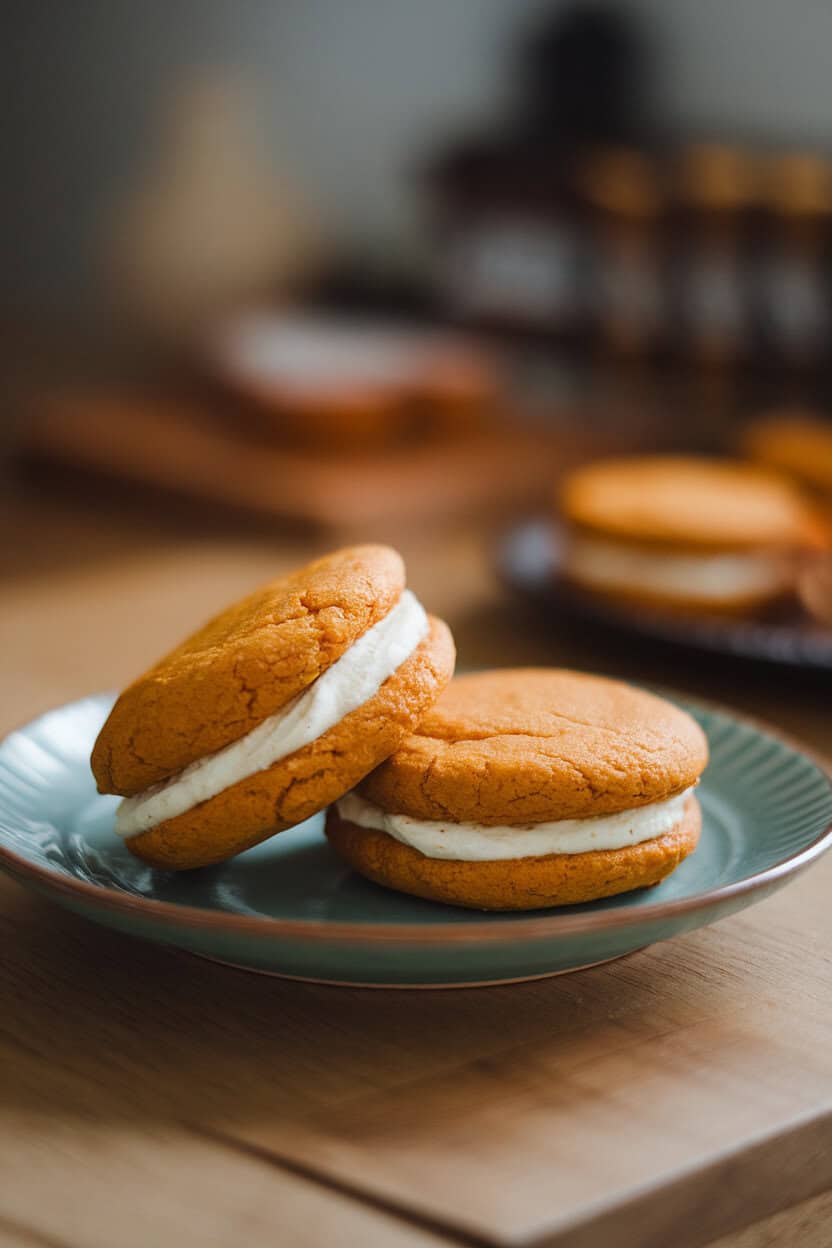 Photo prompt: Indoor café table with pumpkin cookies sandwiched with cream cheese filling, one cookie slightly tilted to reveal the filling. No text or logos visible.