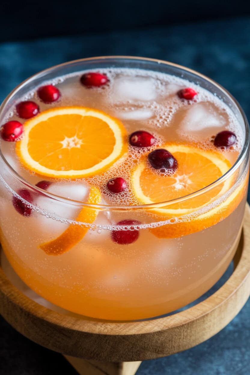 Indoor photo of a clear punch bowl filled with orange and cranberry slices floating in fizzy citrus punch, ice cubes sparkling. No text or logos.