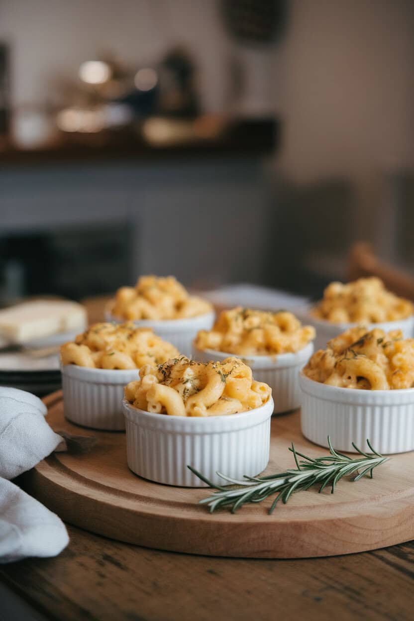 Indoor dining table with several small ramekins of baked macaroni and cheese, golden tops speckled with herbs. Warm light; no text or logos. Photo only.