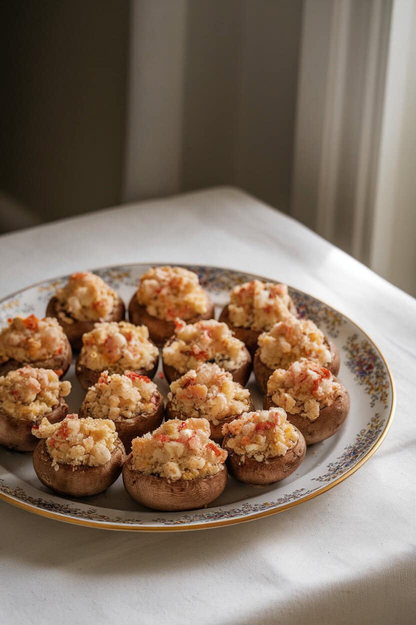 Photo of a porcelain platter on a softly lit indoor table featuring stuffed mushrooms topped with buttered breadcrumbs and flecks of crab. No text or logos visible.