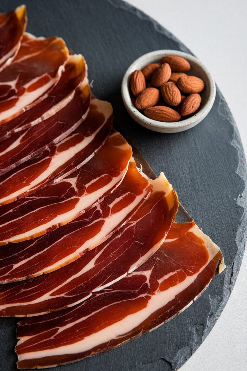 Elegant indoor close-up of rich, marbled Jamón Ibérico shards laid out beside a small dish of Marcona almonds on a slate slab. No text or logos; photo.