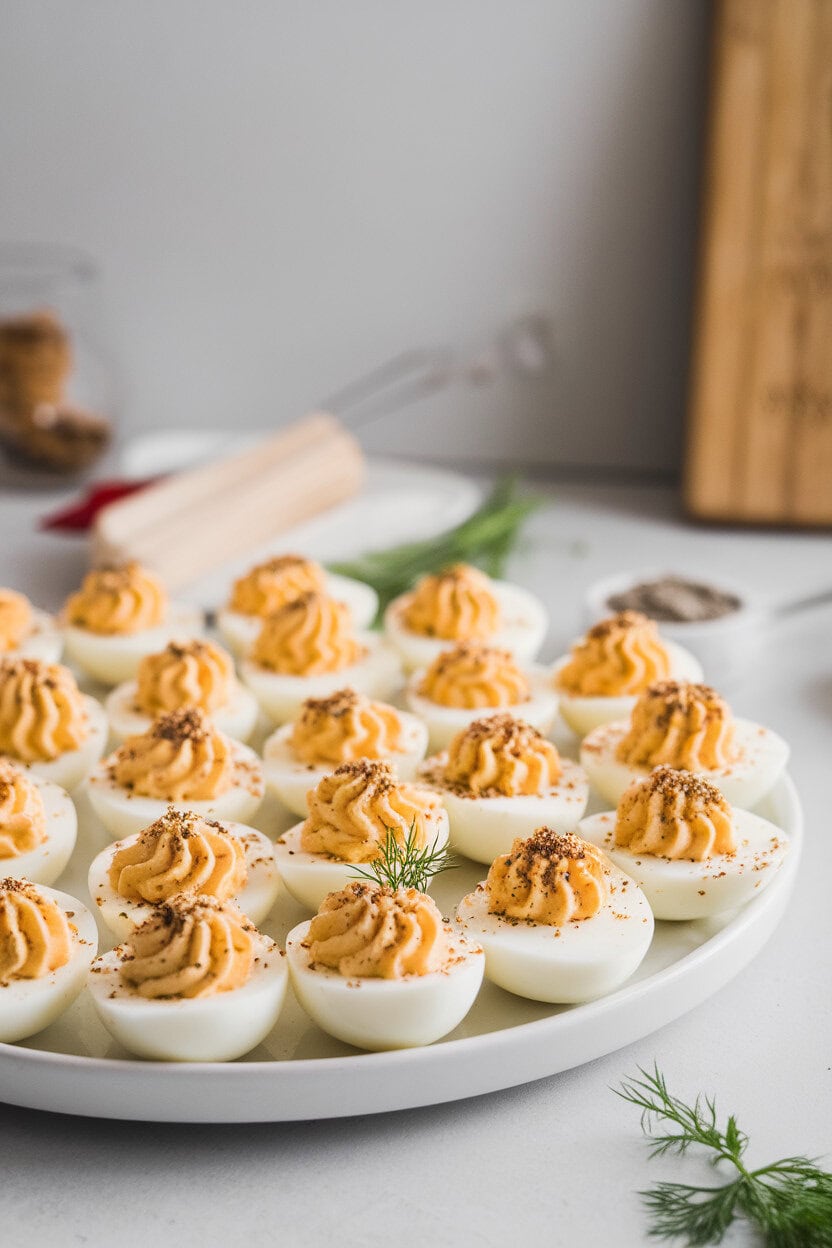Close-up indoor shot of deviled egg halves topped with everything bagel seasoning and a tiny dill sprig, arranged in neat rows on a white platter. No text or logos.