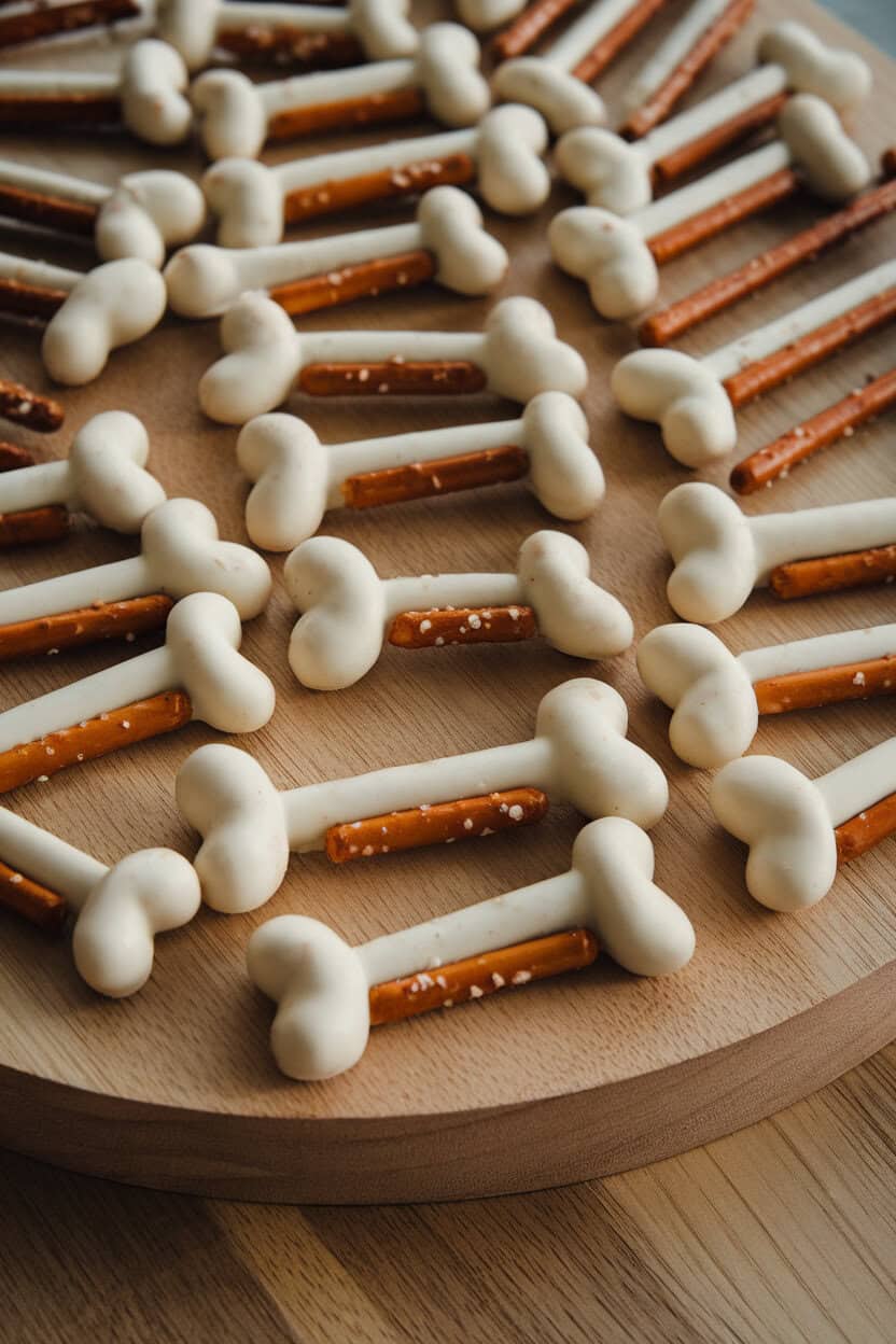 An indoor wooden board covered with white-chocolate-coated pretzel rods, each end wider to resemble bone joints. No logos or text; photo.