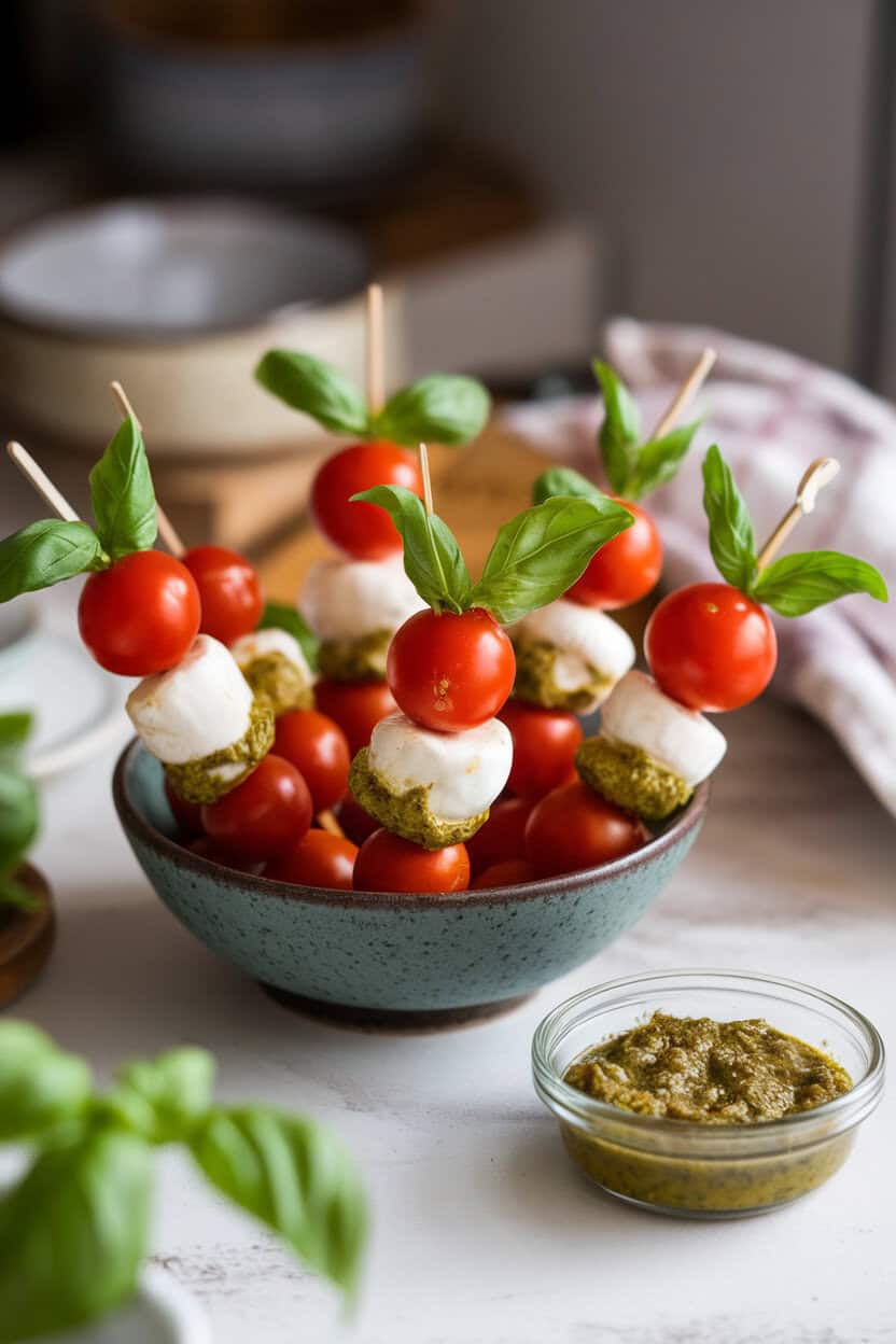 Indoor tabletop scene with mini skewers holding cherry tomatoes, bocconcini, and fresh basil leaves, lightly drizzled with pesto. Soft natural light, no branding.