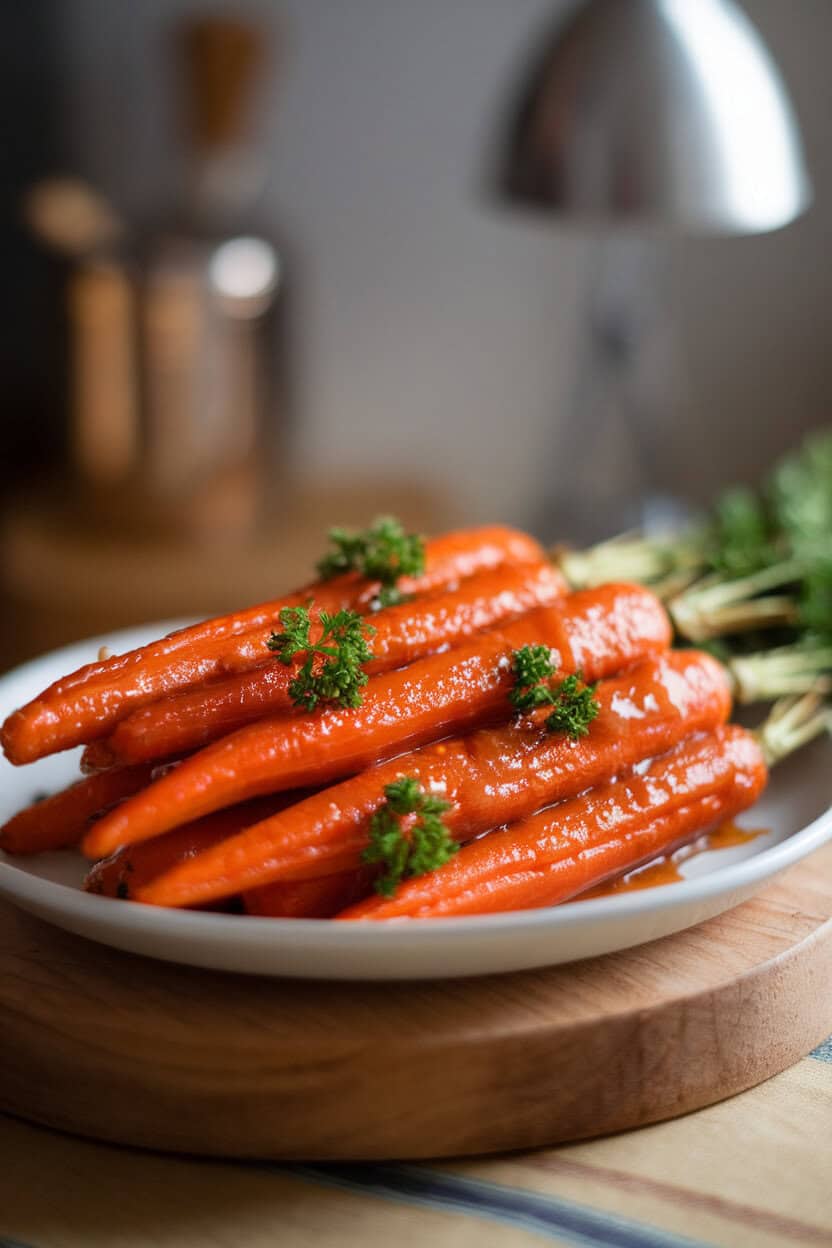 Indoor photo of roasted carrot sticks coated in glossy honey glaze, garnished with parsley. No text or logos. Photo, not illustration.