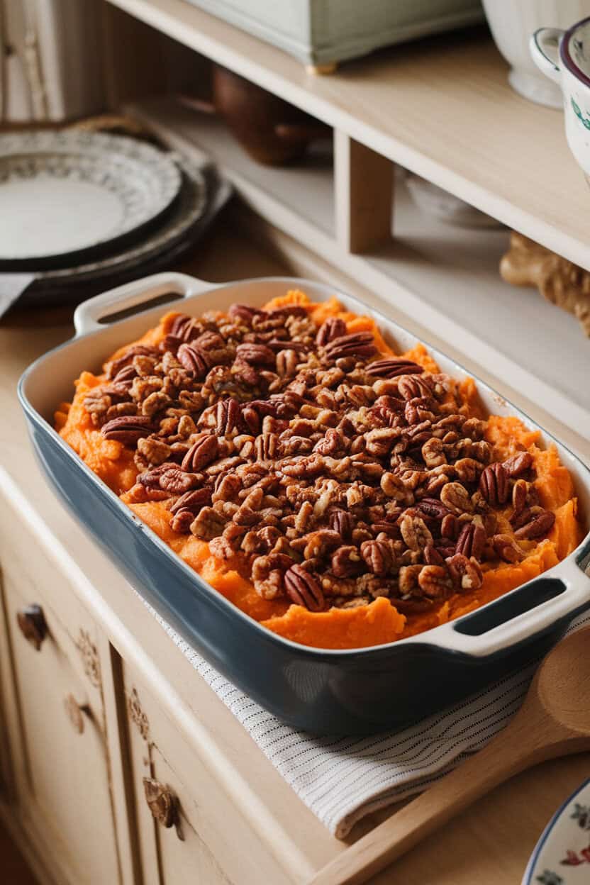 A casserole dish on an indoor sideboard, mashed sweet potatoes topped with pecan streusel—no text or logos.