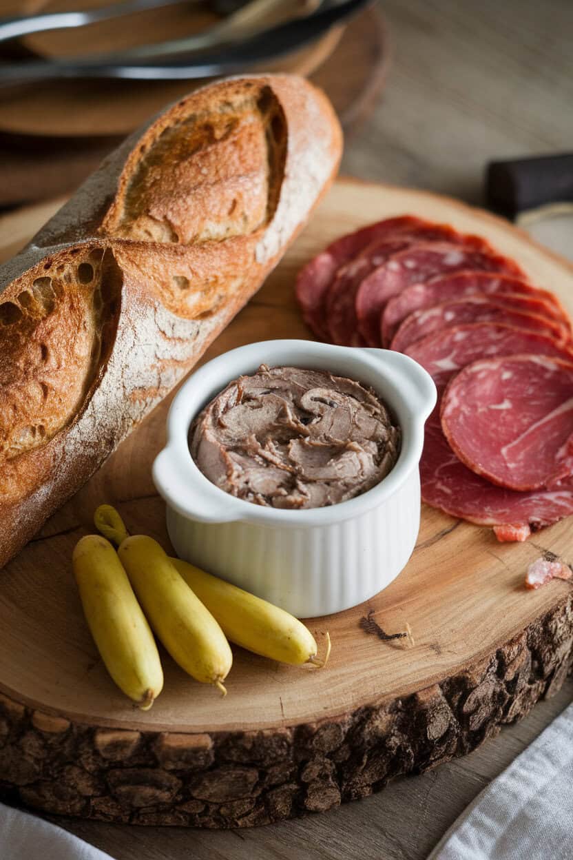Indoor photo of mushroom pâté in a small crock, whole wheat baguette slices, sliced bresaola, and cornichons on a wooden board. No text or logos.