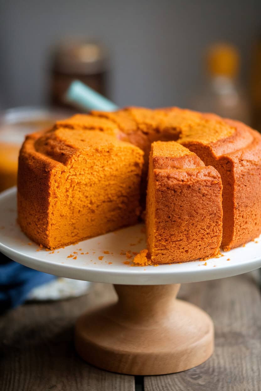An indoor cake stand with slices of sweet potato pound cake, orange specks and moist crumb visible. No text or logos.