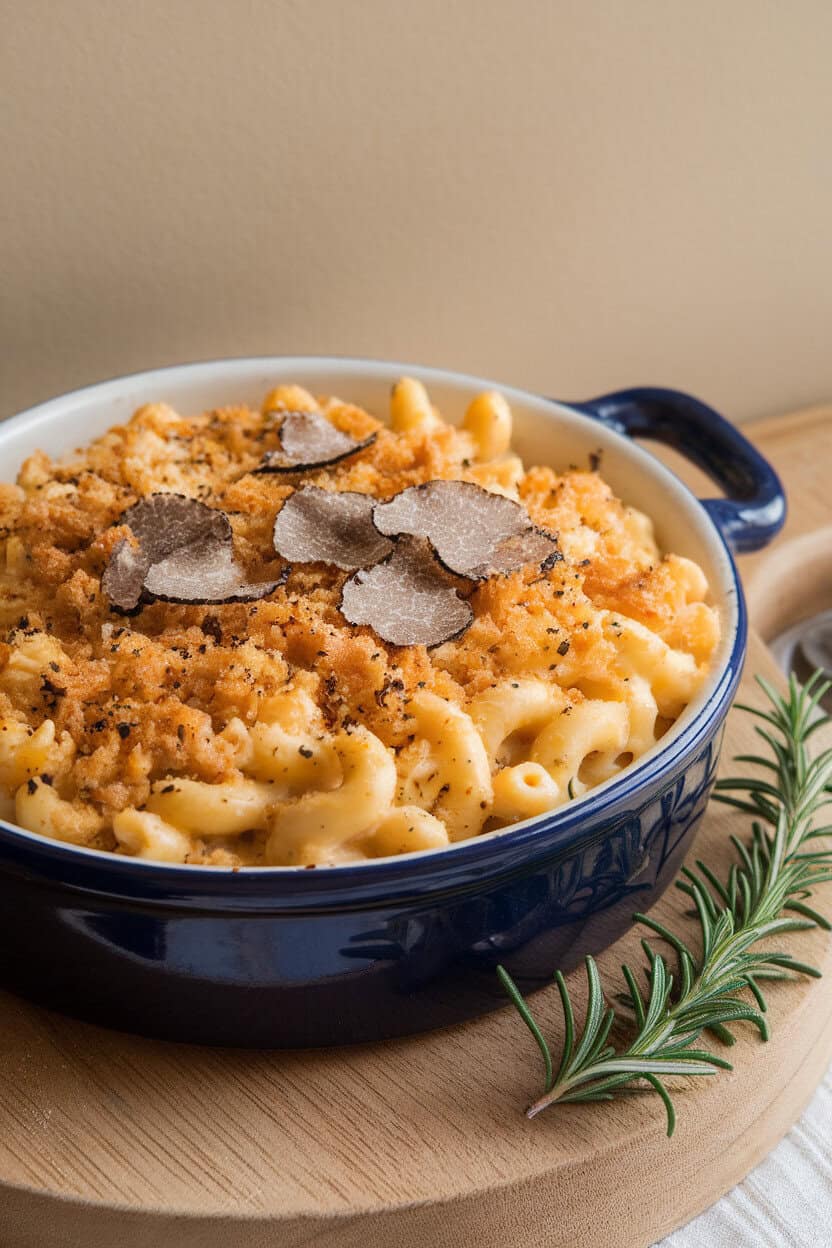 Indoor photo of bubbling mac and cheese topped with breadcrumbs and shaved truffle in a ceramic dish. No text or logos.