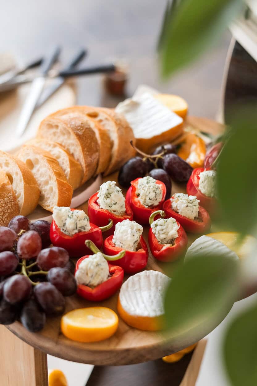 Bright indoor cheese board featuring red peppadew peppers stuffed with herbed goat cheese, parsley sprinkled around—slight overhead angle, no text or logos.