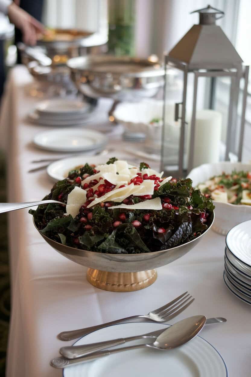 Photo of a bowl of dark green kale ribbons, pomegranate seeds, and shaved Parmesan on an indoor buffet table. No text or logos visible.