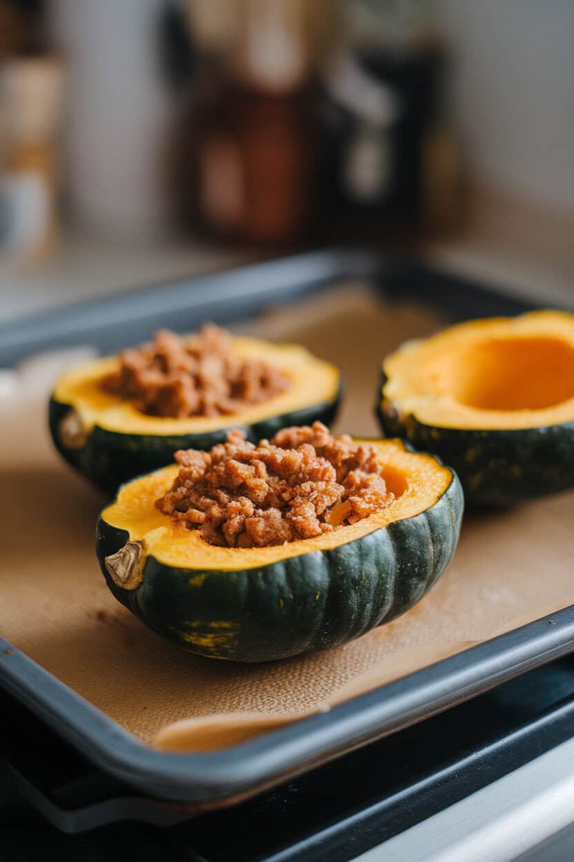 Halved acorn squash baked and filled with melted butter and brown sugar, placed on an indoor baking sheet. No text or logos. Photo, not illustration.