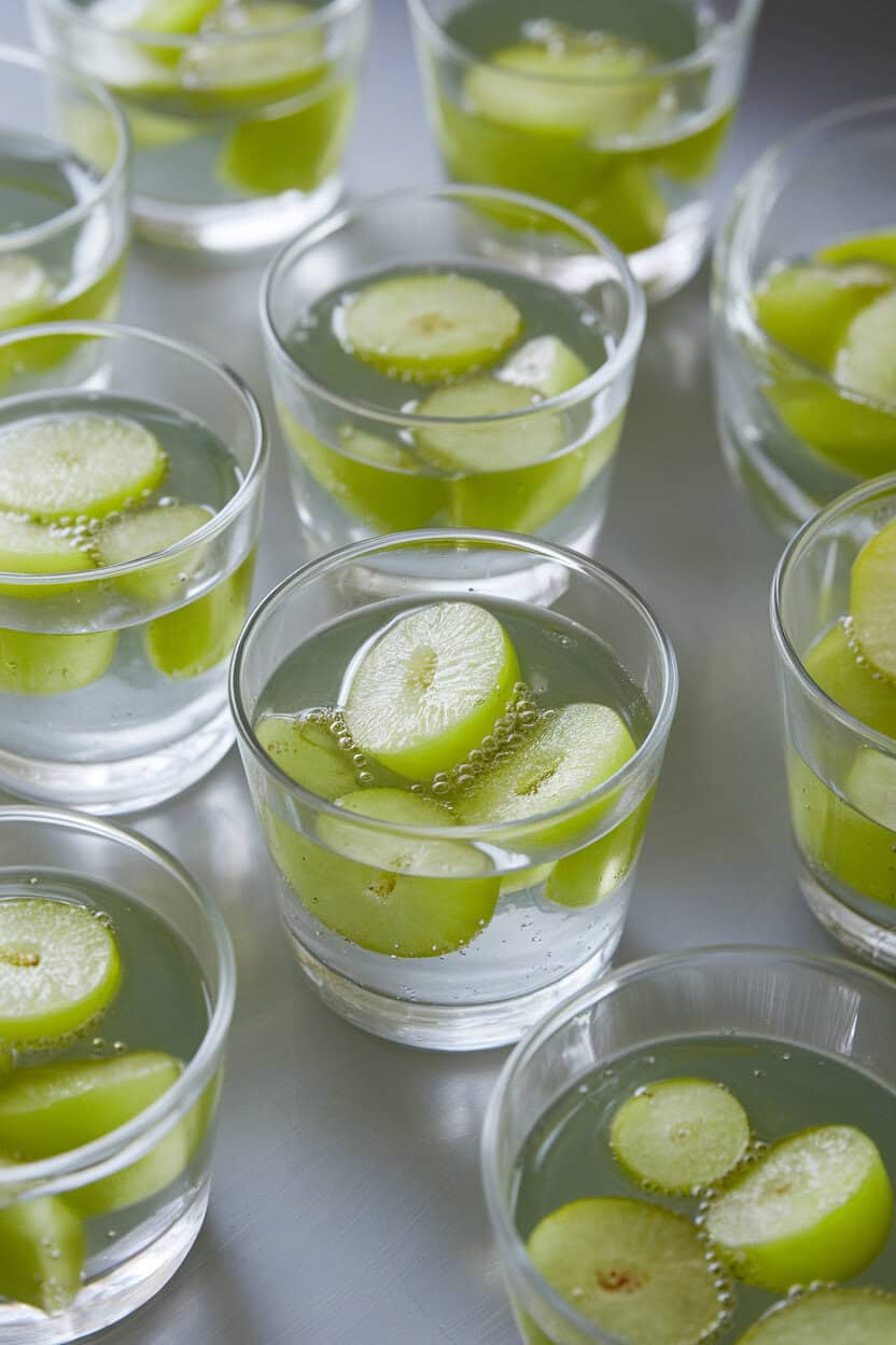 Indoor tabletop featuring clear glass cups of set grape gelée with sliced green grapes suspended inside, tiny bubbles visible. No logos or text. Photo only.