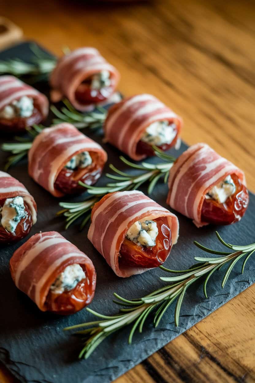 Indoor shot of pitted Medjool dates stuffed with blue cheese, wrapped in thin pancetta, arranged alongside rosemary sprigs on a slate board. No text or logos.