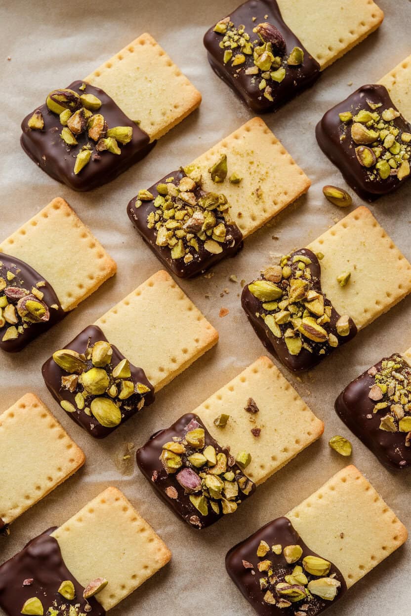 An indoor photo of rectangular shortbread fingers, half dipped in dark chocolate and sprinkled with crushed pistachios, resting on parchment. No text or logos visible.