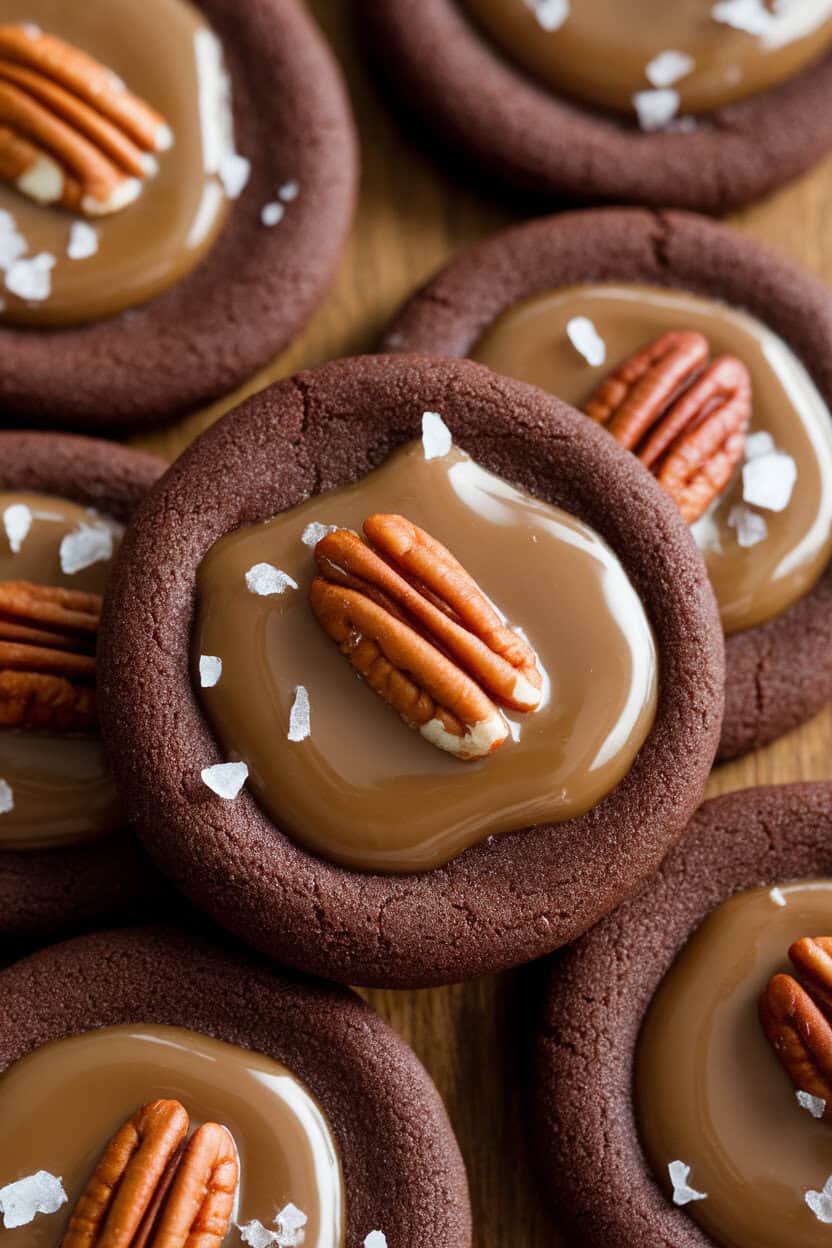 Close-up indoor shot of chocolate cookies topped with caramel puddles and pecan halves, lightly sprinkled with sea salt. No text or logos.