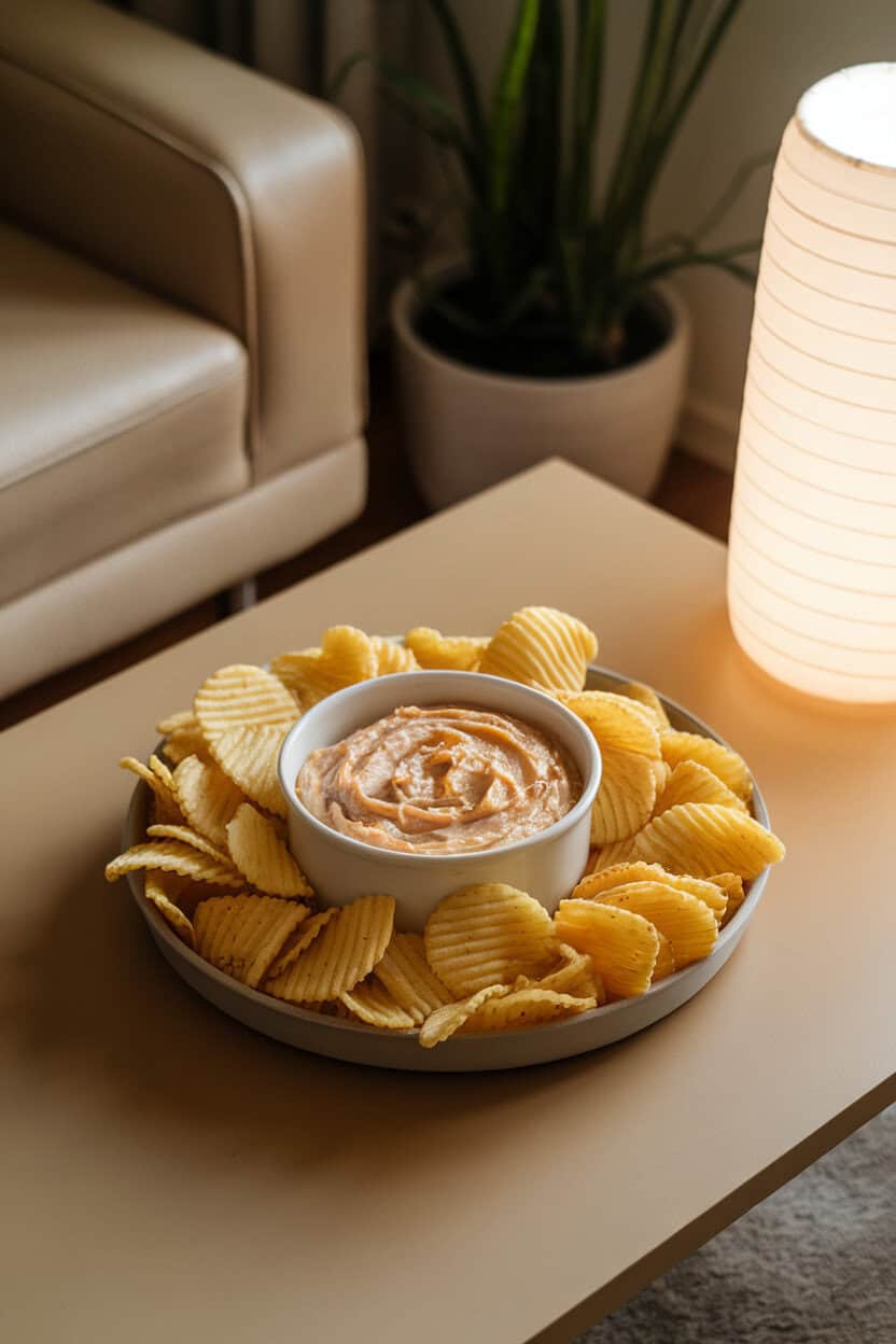 An indoor coffee table with a bowl of creamy caramelized onion dip surrounded by ridged potato chips, soft lamp lighting. No logos visible. Photo, not illustration.