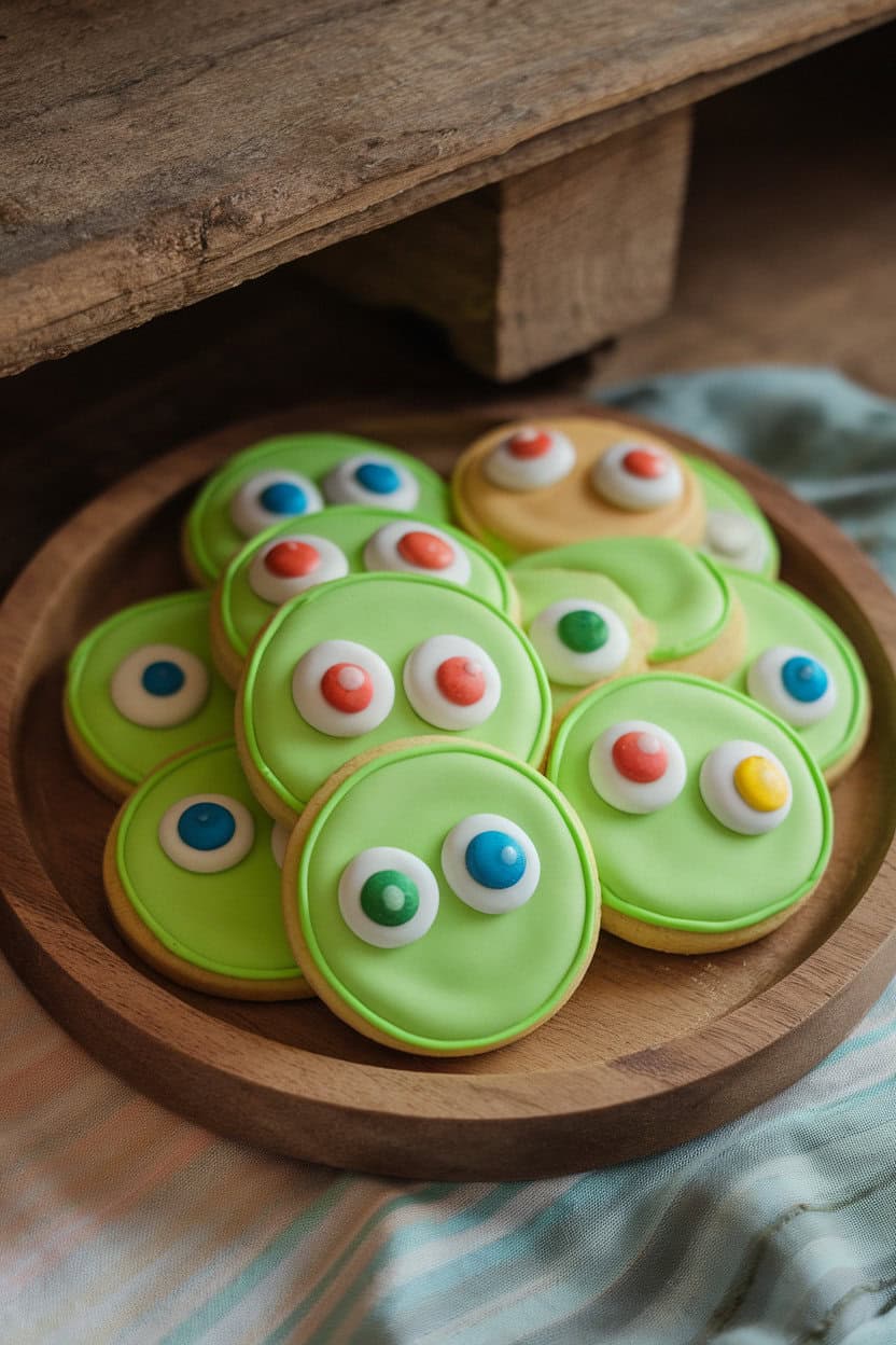 Photo, not illustration. Indoor bakery tray lined with round neon-green sugar cookies dotted with multicolored candy eyes. No text or logos.