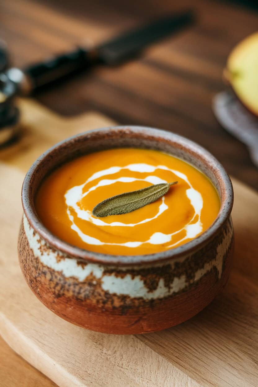 Indoor photo of a rustic ceramic bowl filled with velvety orange butternut squash soup, drizzled with cream and topped with a single fried sage leaf. Warm lighting, no text or logos