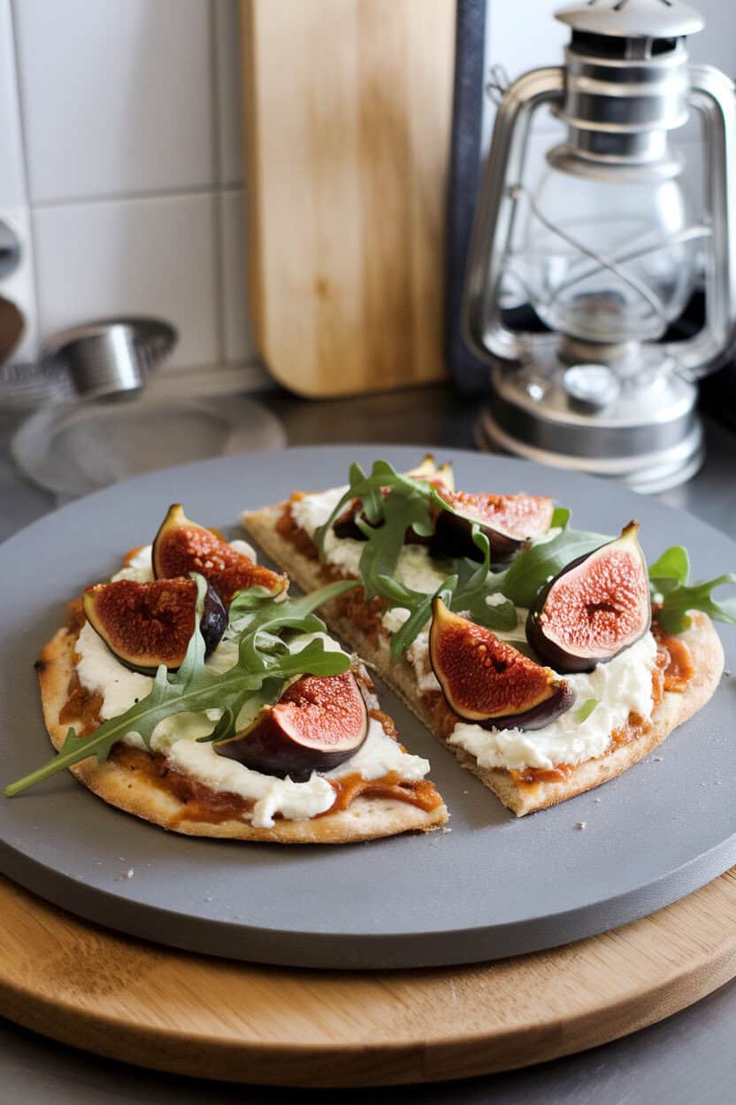 An indoor pizza stone showcasing a sliced flatbread topped with roasted figs, melted goat cheese, and arugula, no logos or text.