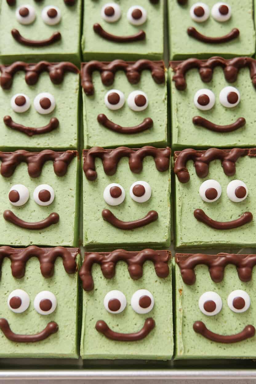 An indoor dessert tray with green marshmallow-cereal bars cut into rectangles, chocolate-fudge hair and candy eyes creating cartoon Frankenstein faces. No text or logos present.