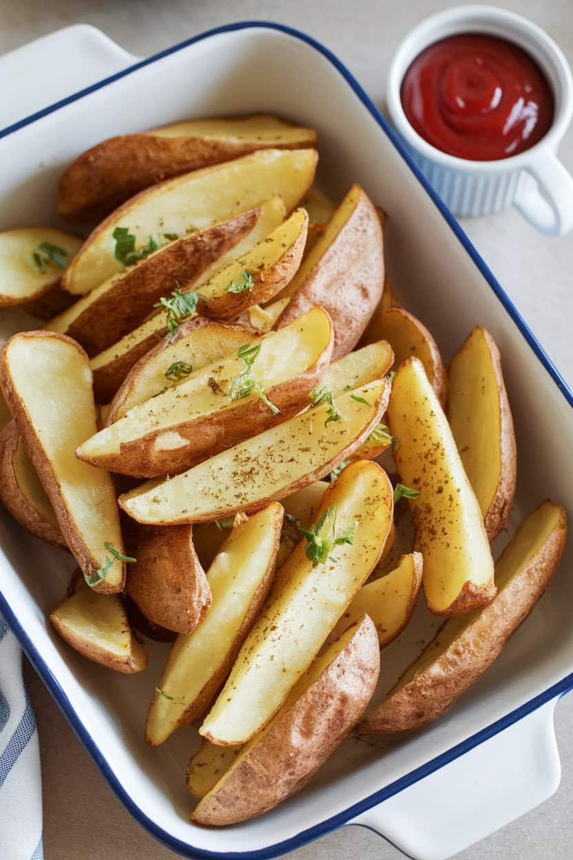 Indoor oven-to-table dish filled with golden potato wedges dusted in ranch seasoning, a small cup of ketchup beside the dish, no text or logos, photo style
