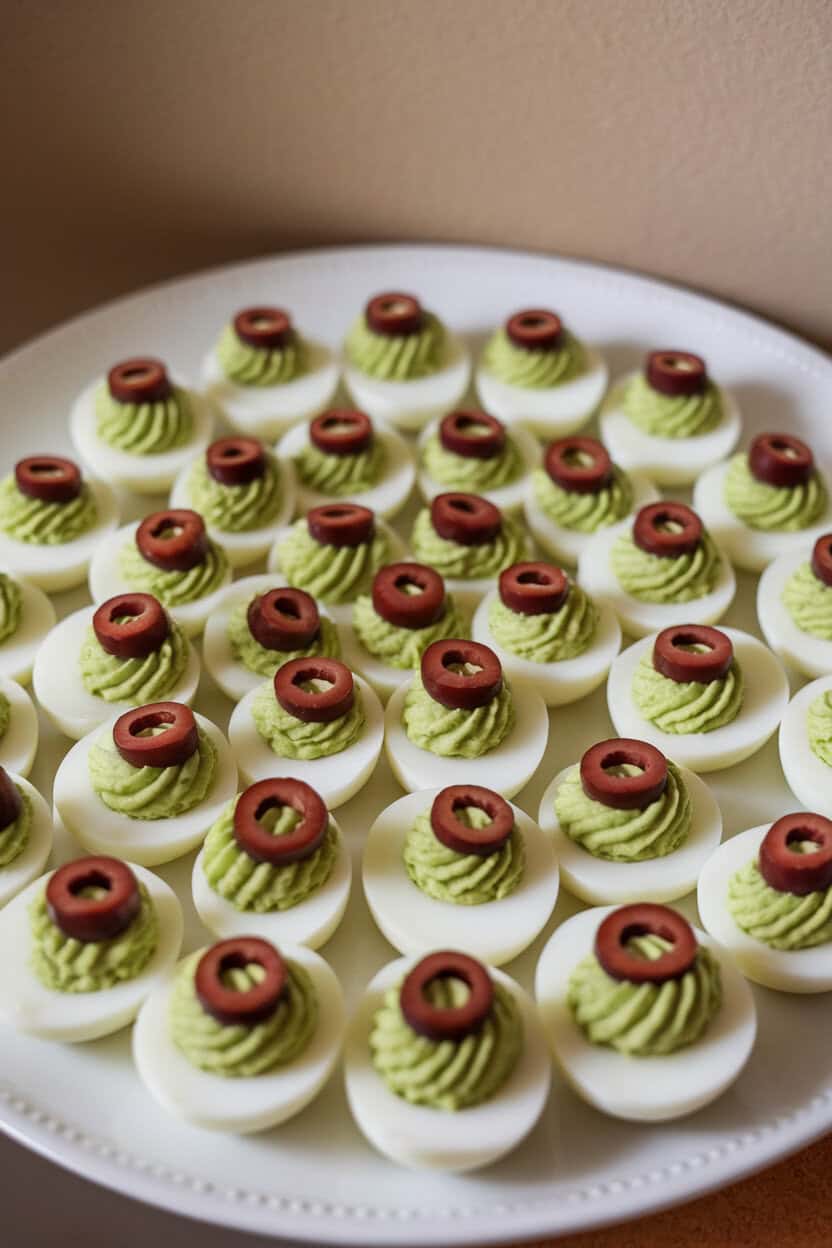 Indoor photo of deviled egg halves tinted green with avocado, topped by a sliced olive “eyeball,” arranged in concentric circles. No text or logos.