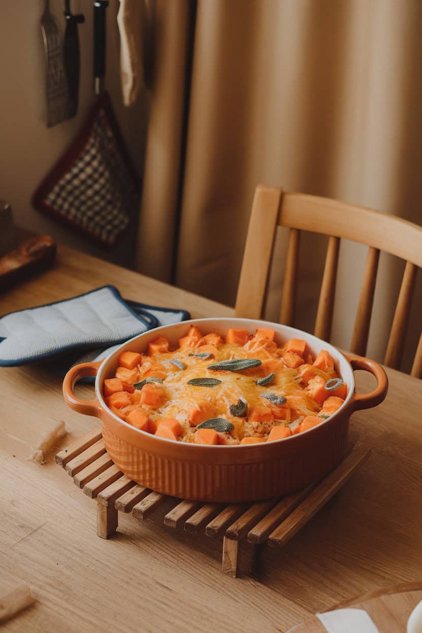 Cozy indoor fall kitchen scene featuring a casserole filled with orange butternut squash cubes, flecks of sage, and a golden cheese topping. No logos or text. Photo.