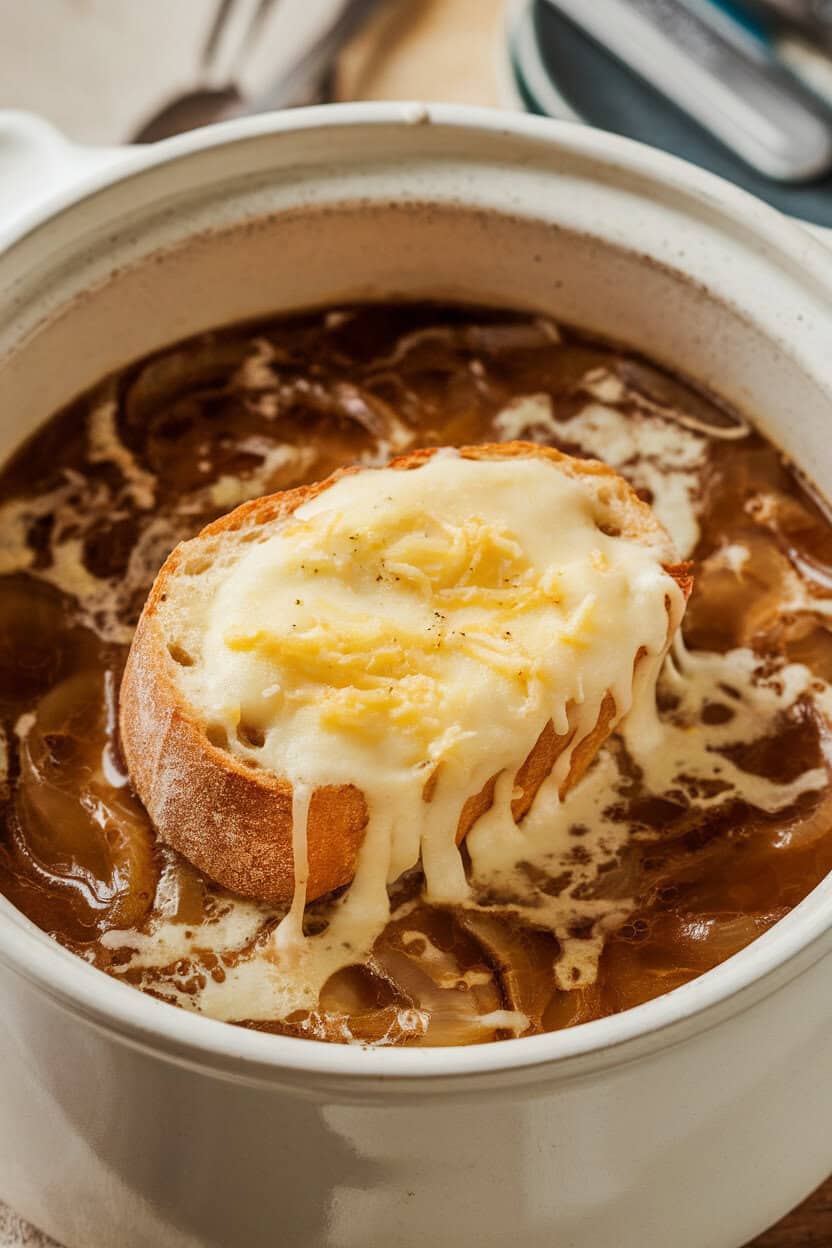 An indoor crock of French onion soup topped with a thick layer of browned, melted Gruyère and a slice of crusty bread half-submerged, cheese slightly draping over the edge. No text or logos. Photo, not illustration.