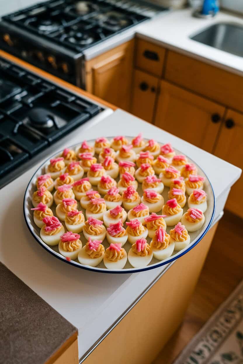 Indoor kitchen island showcasing a white deviled-egg tray filled with classic yolk mixture topped by pink pickled shallot slivers—top-down shot, no text or logos.
