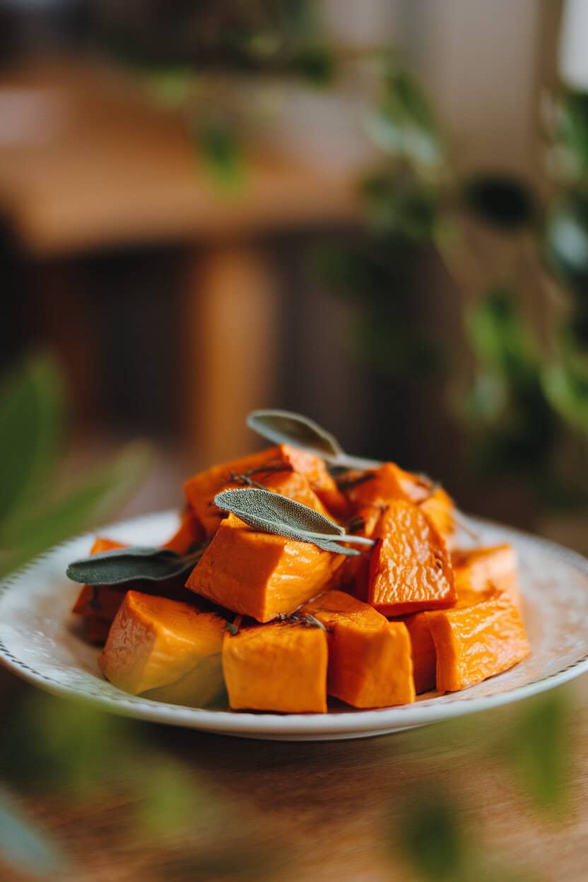 Photo of a white platter indoors featuring cubes of roasted butternut squash garnished with crisp sage leaves, no text or logos.