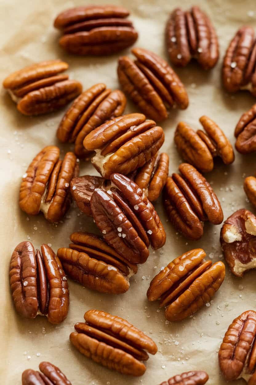 Indoor shot of glossy candied pecans scattered on parchment, a few granules of sugar sparkling. No text or logos.
