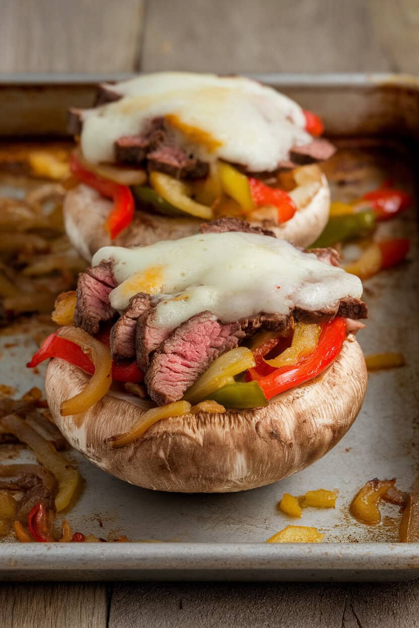 Photo of an indoor metal baking sheet with mushrooms stuffed with thin-sliced steak, sautéed onions and peppers, topped with melted provolone. No text or logos.