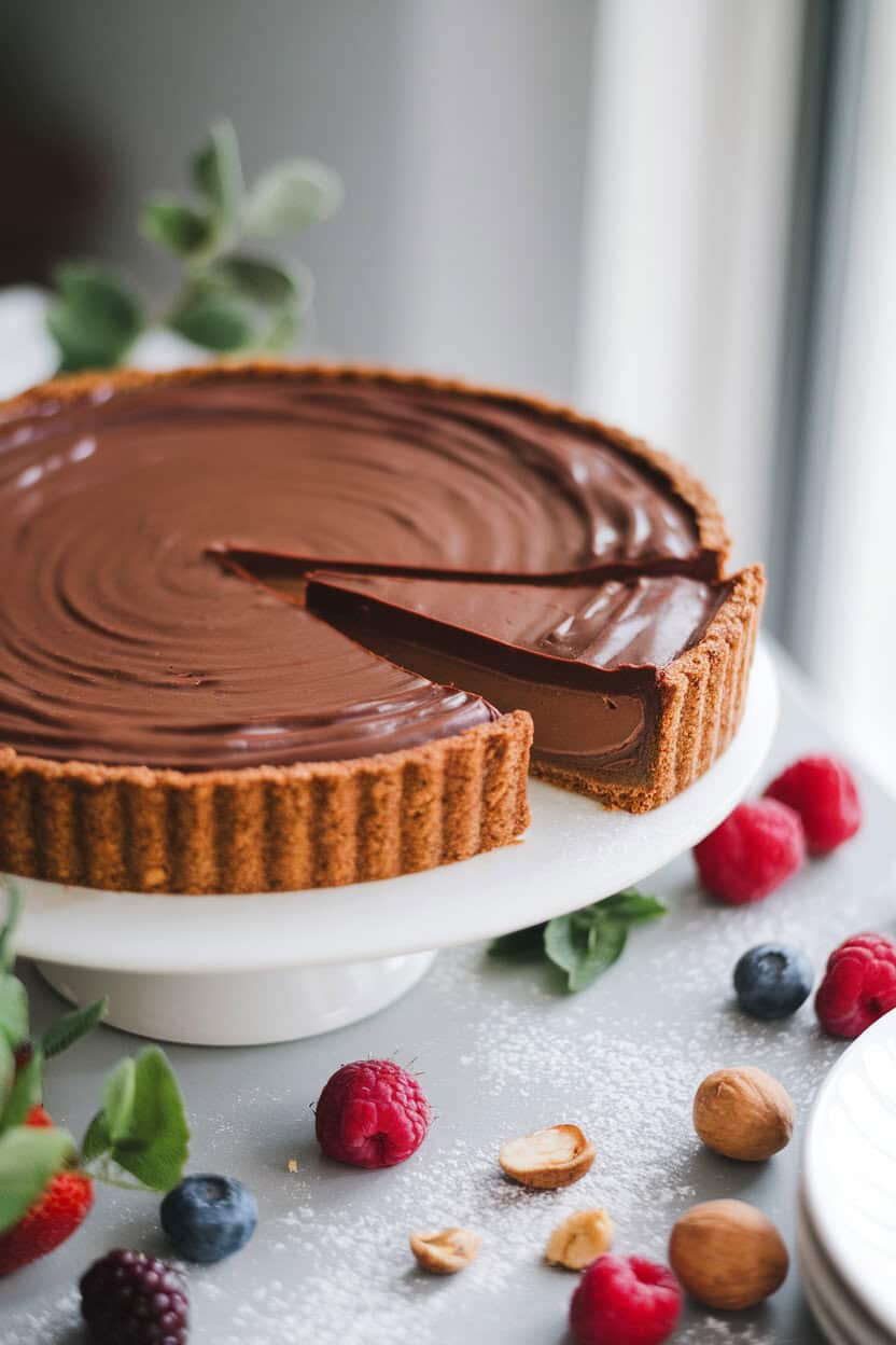An indoor dessert table with a glossy chocolate hazelnut tart sliced to reveal smooth filling and toasted hazelnut crust. No text or logos.