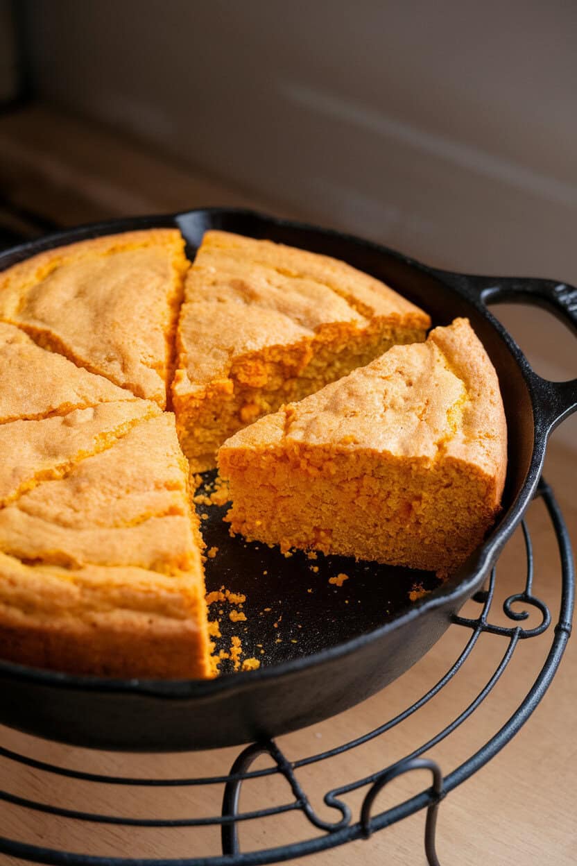 Photo of a cast-iron skillet cornbread with orange flecks of sweet potato, one wedge removed to show crumb, placed on a trivet indoors. No text or logos.