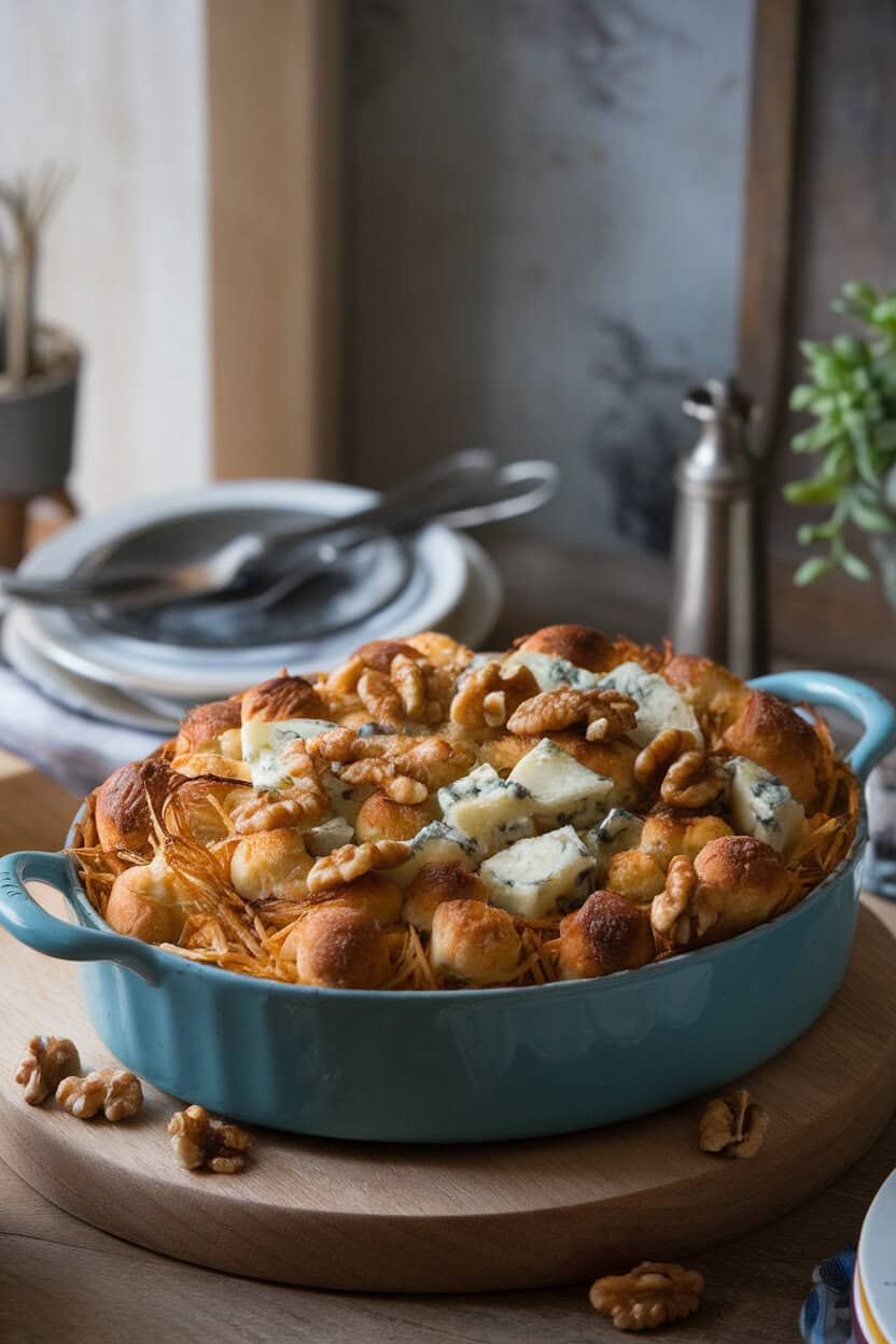 An indoor bistro-style table holding a casserole of sourdough stuffing dotted with melted blue cheese and toasted walnuts. No text or logos; photo, not illustration.