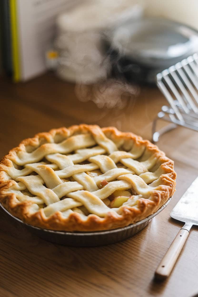 Indoor photo of a golden, lattice-topped apple pie cooling on a wooden table, a pie server beside it and faint steam still visible. No text or logos in the scene. Photo, not illustration.