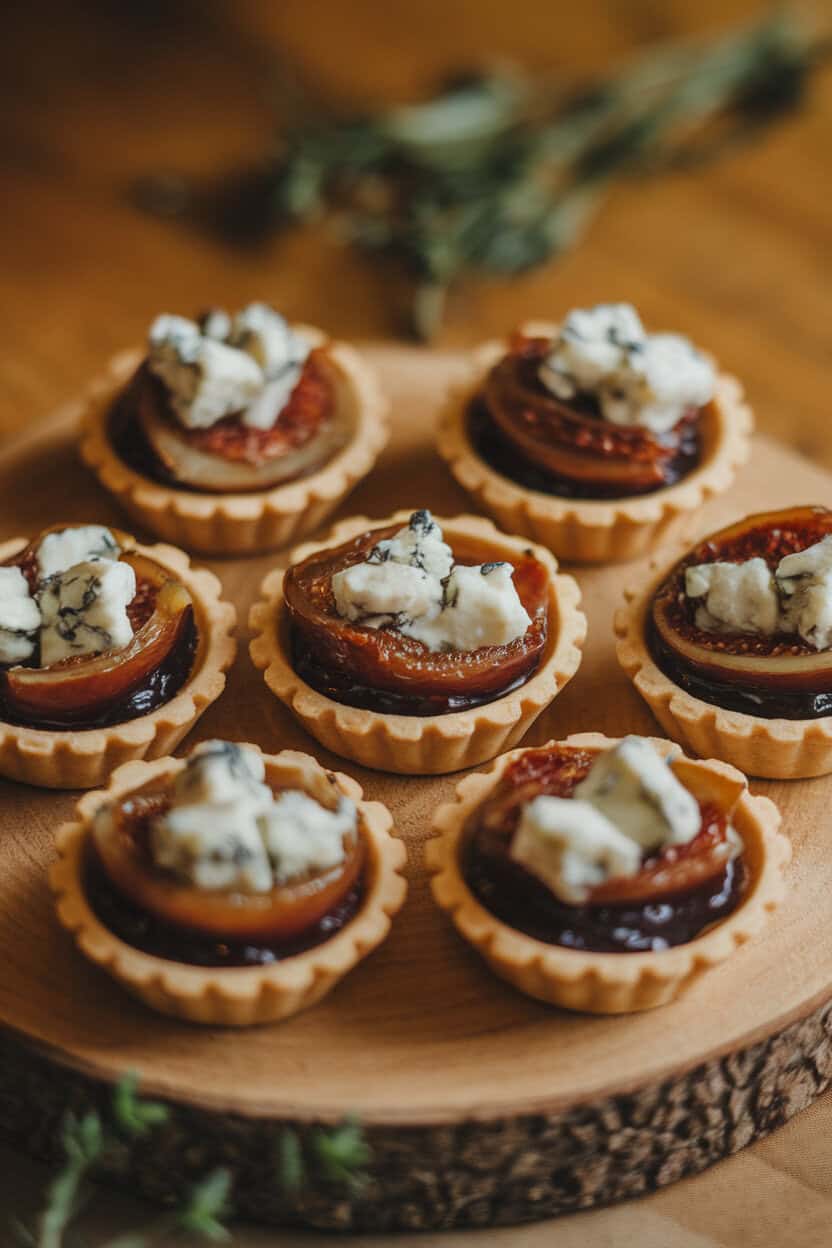 Photo of mini tart shells indoors filled with caramelized onion, fig jam, and melted blue cheese, edges browned; warm background, no logos