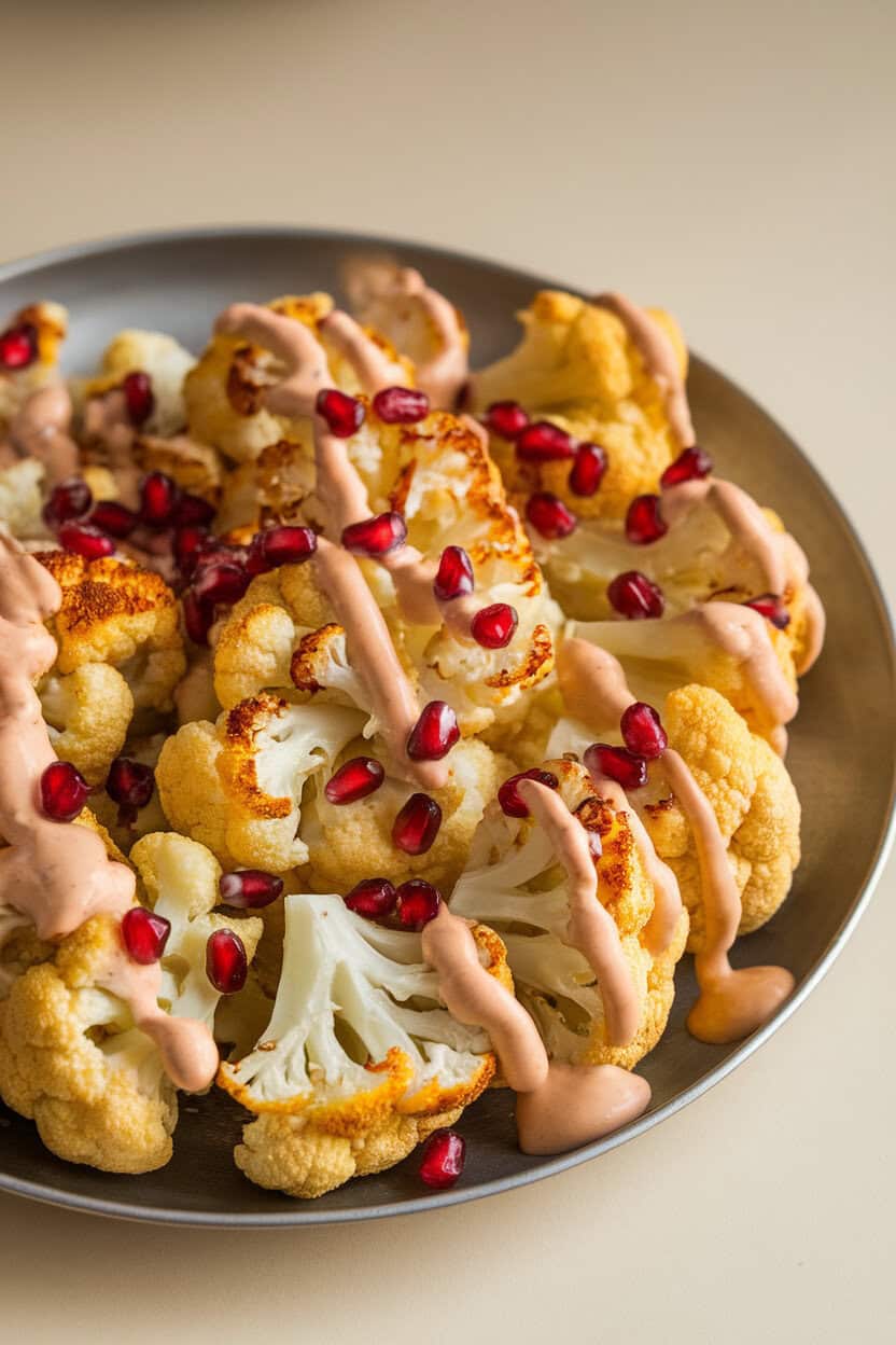 Indoor serving platter featuring golden roasted cauliflower florets drizzled with creamy tahini sauce and sprinkled with pomegranate seeds. No text or logos. Photo, not an illustration.