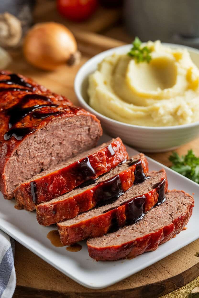Sliced meatloaf brushed with dark balsamic glaze on a white indoor platter, mashed potatoes alongside. No logos; photo, not illustration.