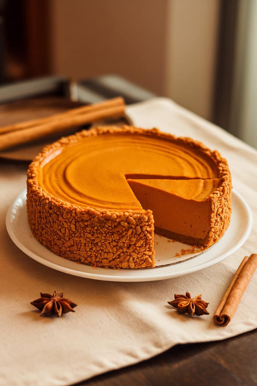 A creamy pumpkin cheesecake with a gingersnap crust, one slice removed to show the interior, indoor dining table lighting, no text or logos.