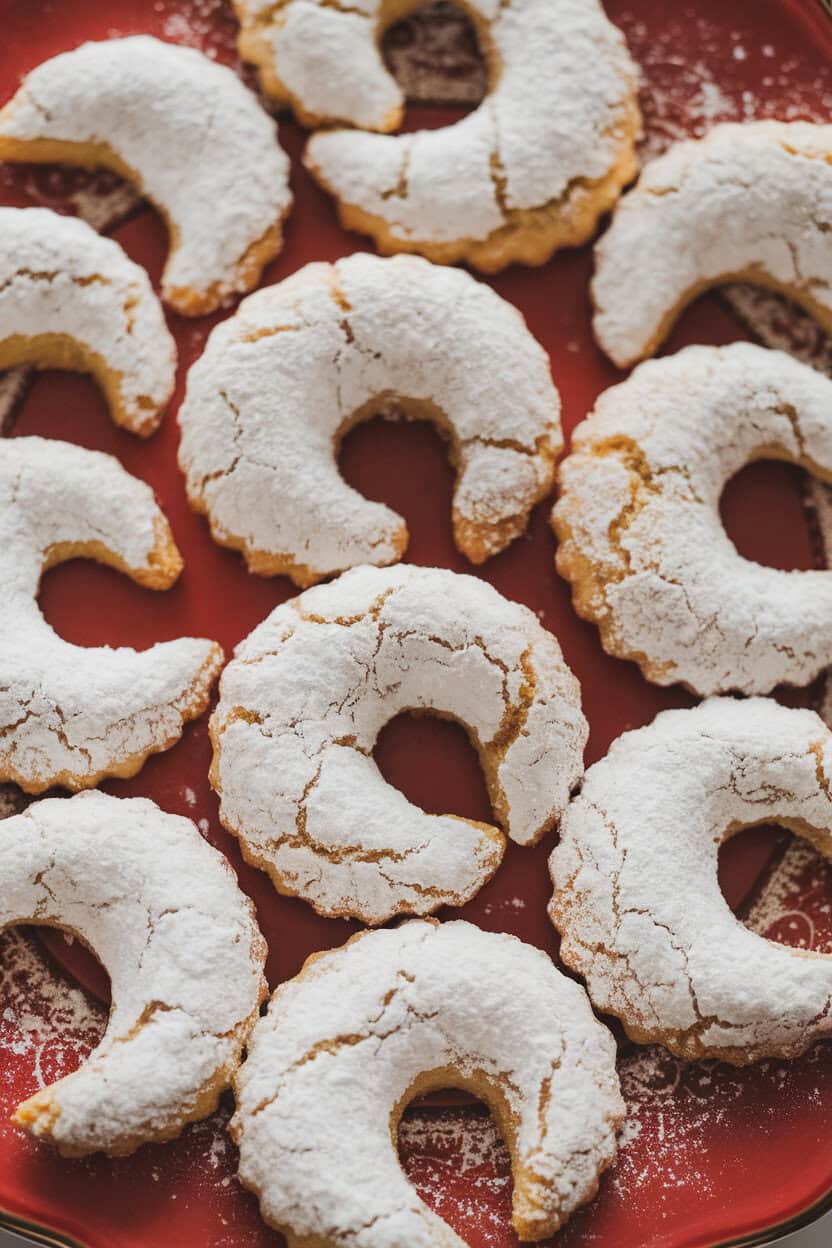 An indoor photo of crescent-shaped Ricciarelli cookies, coated in powdered sugar, arranged on a festive red plate. No text or logos.